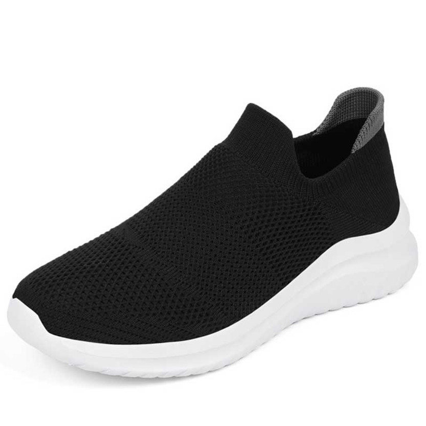 Women's black white flyknit casual sock like entry slip on shoe sneaker 01