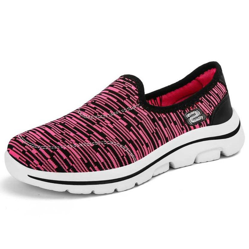 Women's rose red flyknit stripe & letter pattern slip on shoe sneaker 01
