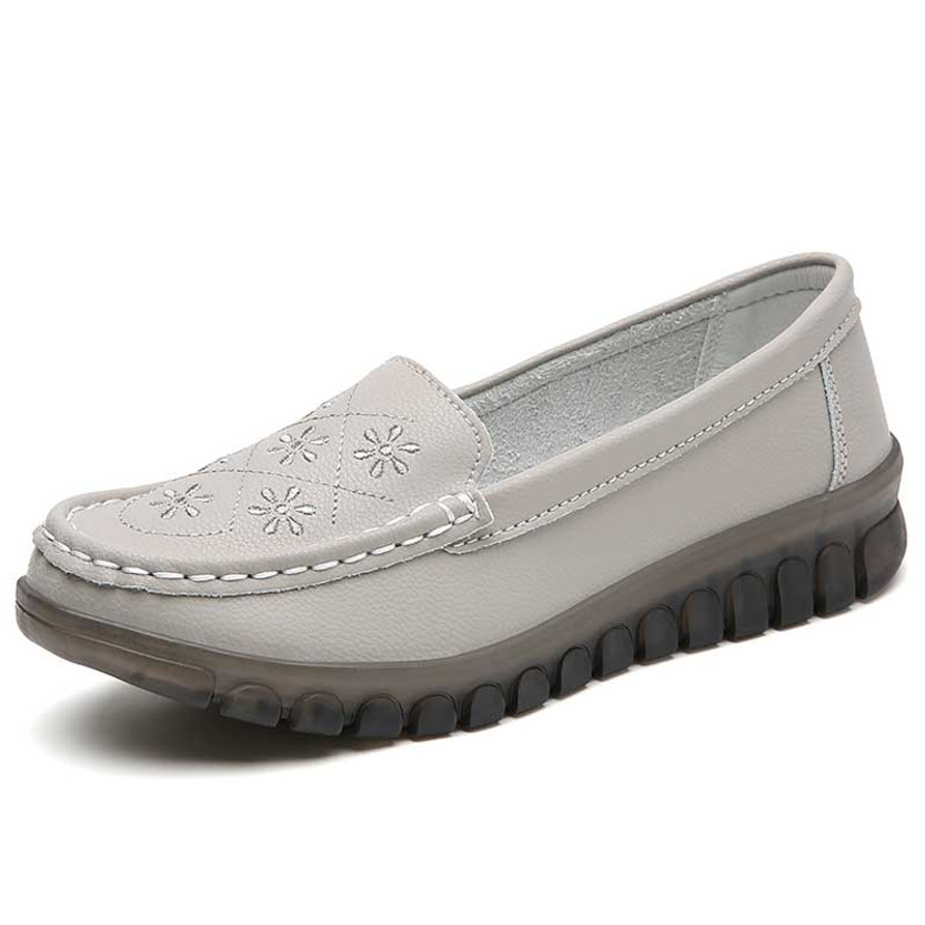 Women's grey floral pattern on vamp sewn slip on shoe loafer 01
