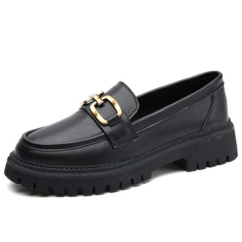 Women's black metal buckle on top slip on shoe loafer 01