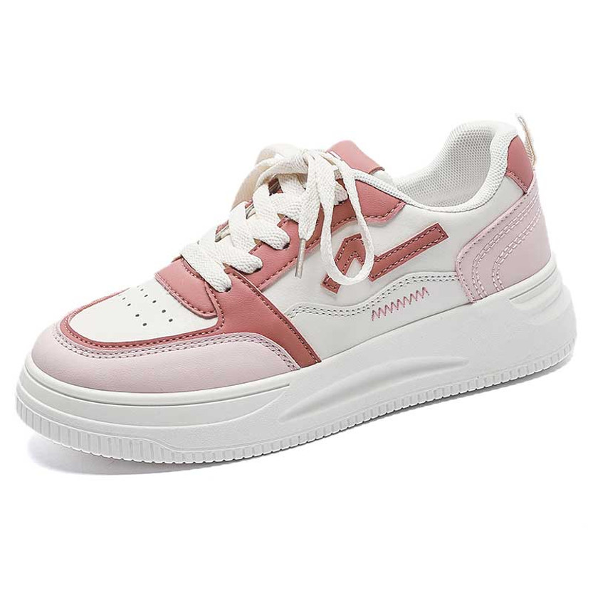 Women's beige pink pattern sewn accents shoe sneaker 01