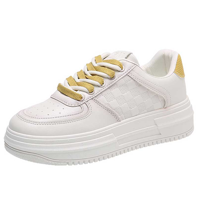 Women's beige yellow check pattern platform shoe sneaker 01