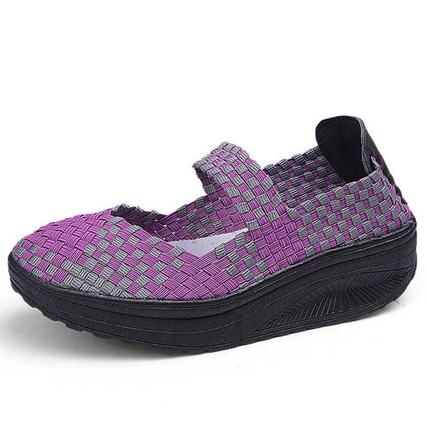 Women's purple weave check low cut slip on rocker bottom sneaker 01