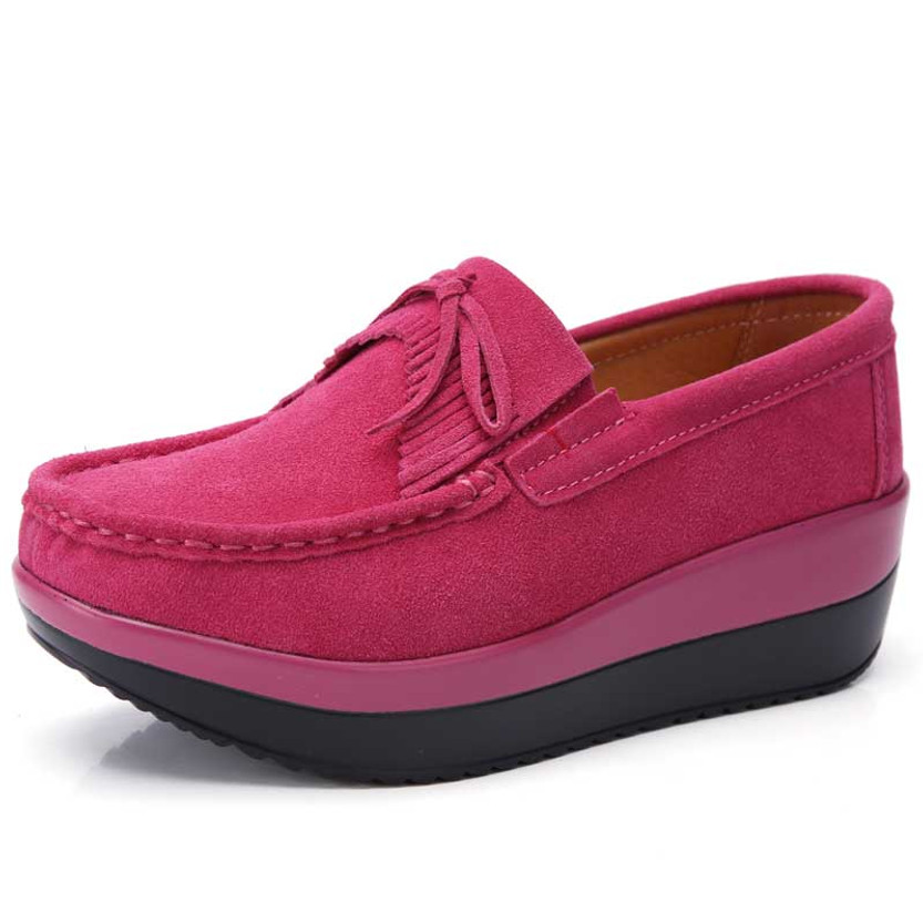 Women's rose red suede lace tassel slip on rocker bottom sneaker 01