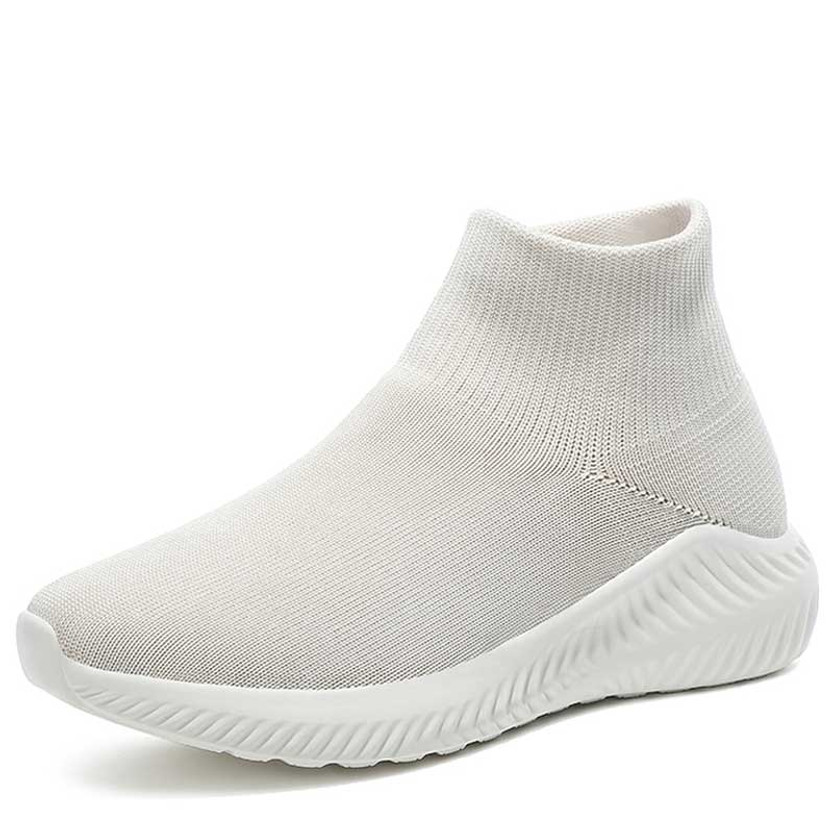 Women's beige plain flyknit sock like fit slip on shoe sneaker 01