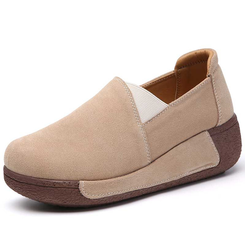 Women's beige suede plain casual slip on rocker bottom sneaker 01