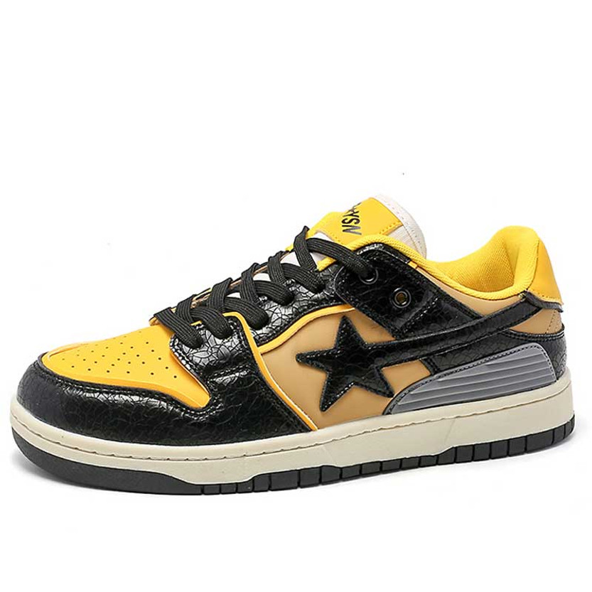 Men's black yellow star pattern & prints lace up shoe sneaker 01