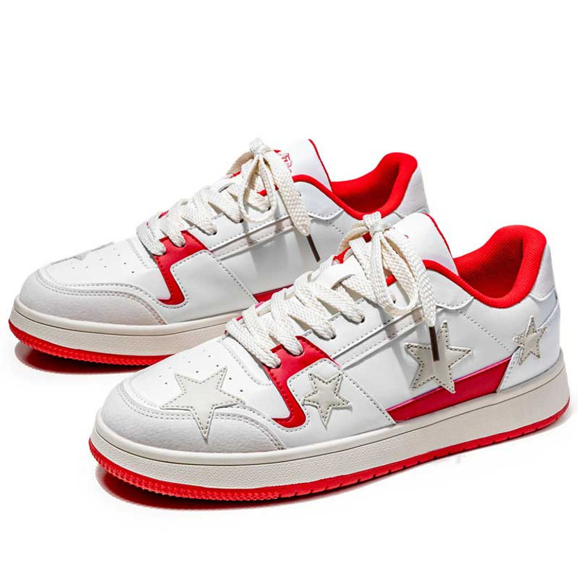 Men's white red star pattern casual lace up shoe sneaker 01