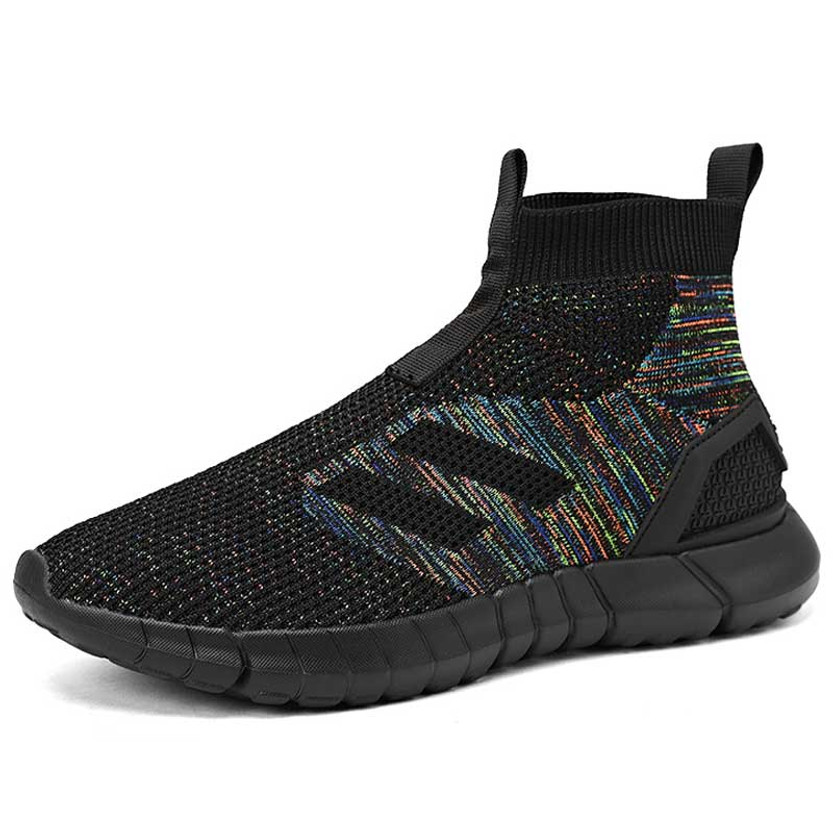 Men's black flyknit texture stripe sock fit slip on shoe sneaker 01