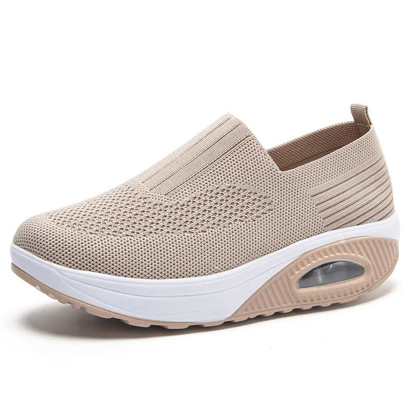 Women's beige flyknit texture stripe slip on rocker bottom sneaker 01