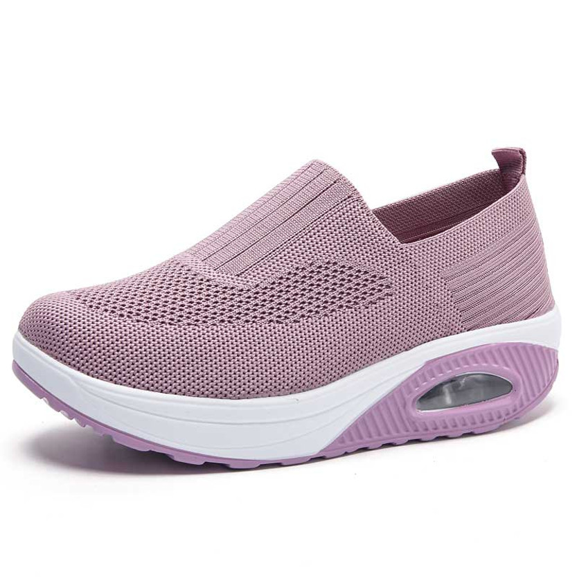 Women's pink flyknit texture stripe slip on rocker bottom sneaker 01