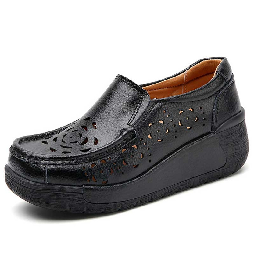 Women's black hollow floral pattern slip on rocker bottom sneaker 01