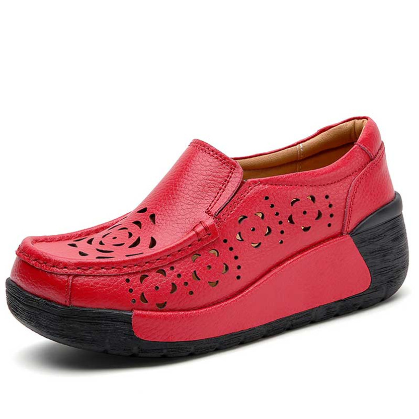 Women's red hollow floral pattern slip on rocker bottom sneaker 01