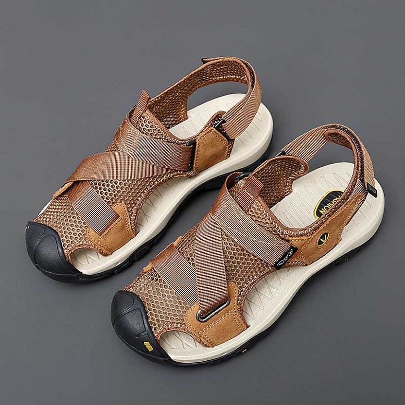 Brown casual velcro hollow vamp shoe sandal + FREE SHIPPING | Mens ...