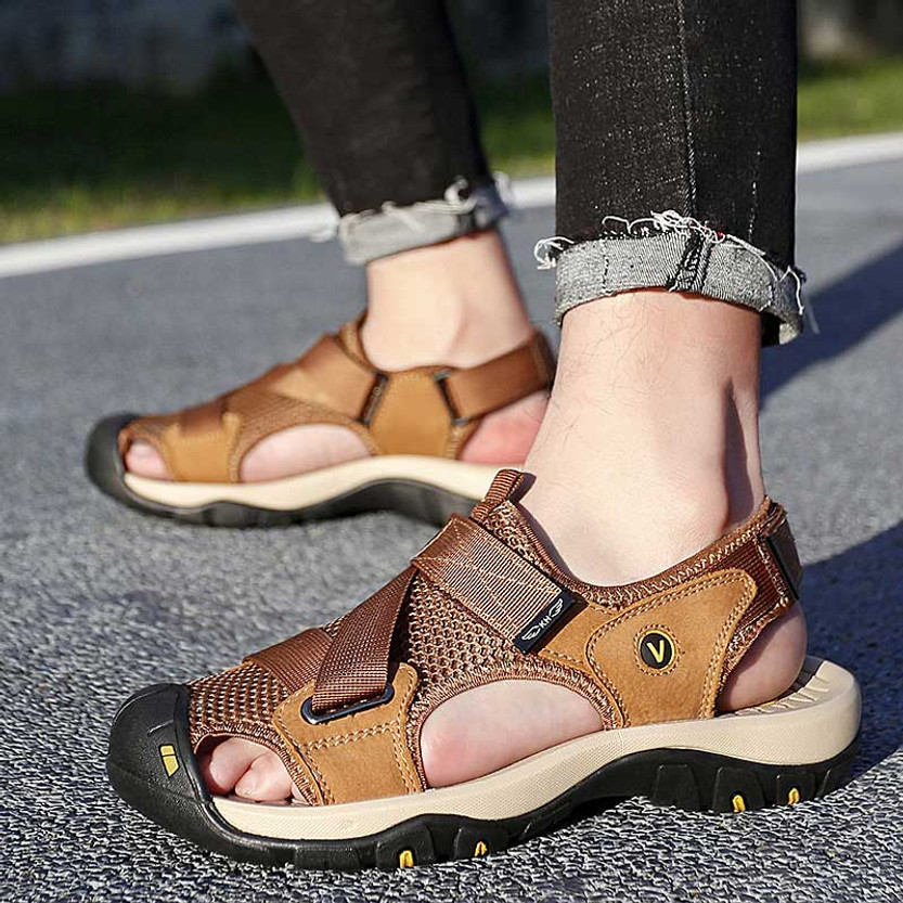 Brown casual velcro hollow vamp shoe sandal | Mens sandals online 2419MS