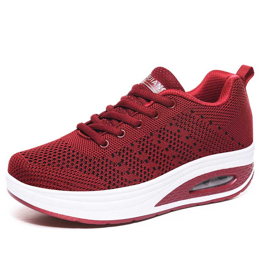 Women's red flyknit pattern texture rocker bottom shoe sneaker 01