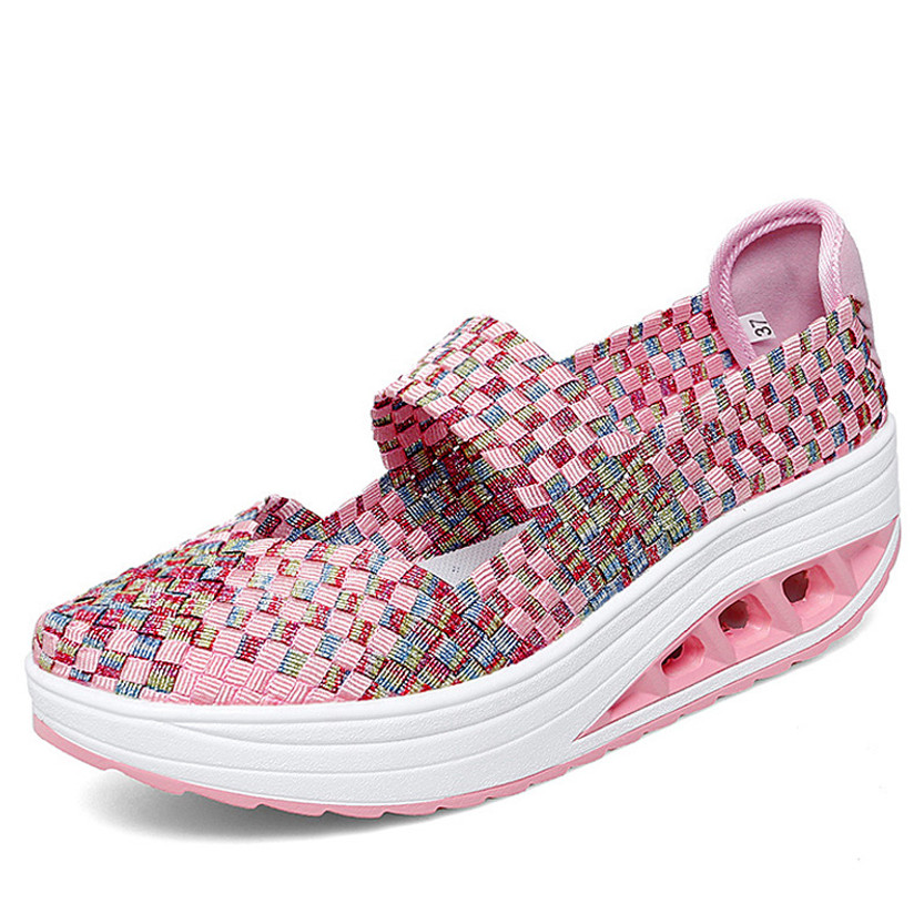 Women's pink weave check low cut slip on rocker bottom sneaker 01