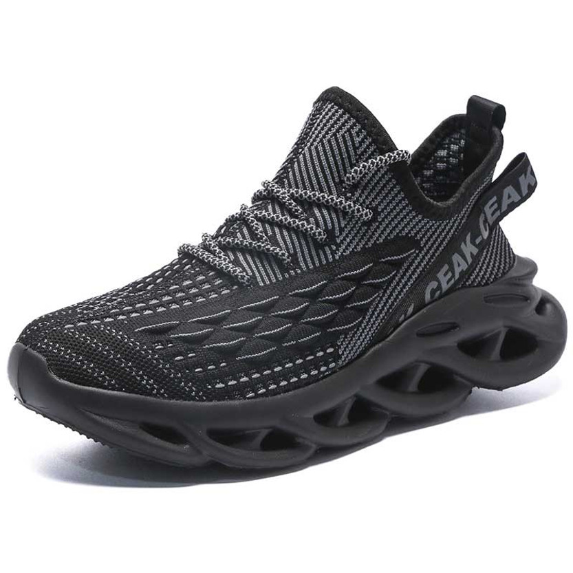 Men's black flyknit pattern & stripe texture sport shoe sneaker 01