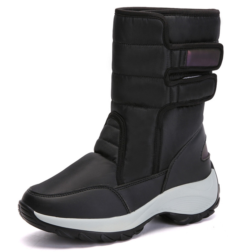 Women's black winter velcro slip on double rocker bottom shoe boot 01