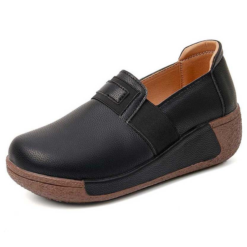 Women's black stretch strap plain slip on rocker bottom shoe 01
