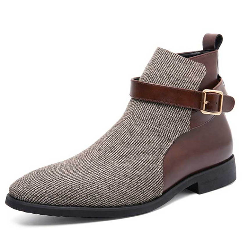 Men's beige brown join accents buckle slip on shoe boot 01
