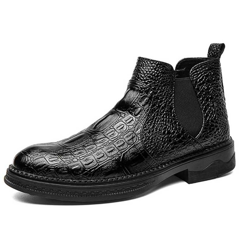 Men's black crocodile skin pattern slip on shoe boot 01