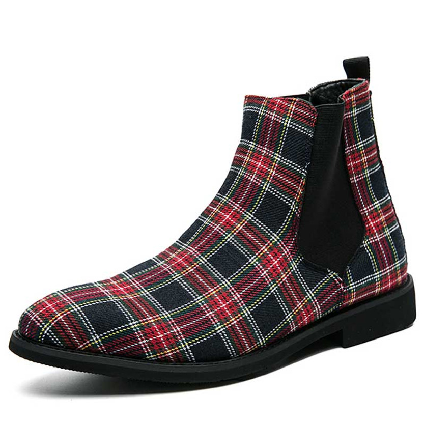 Men's red check pattern slip on shoe boot 01