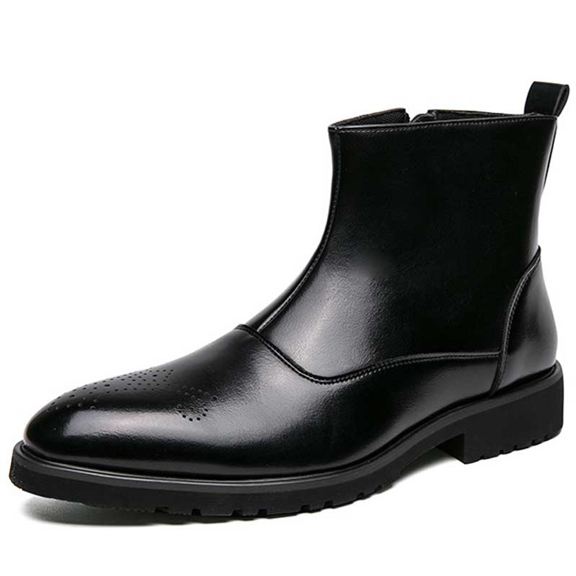 Men's black brogue side zip slip on shoe boot 01