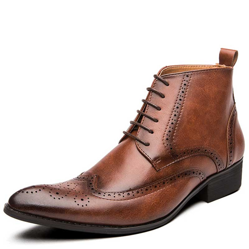 Men's brown retro brogue lace up shoe boot 01