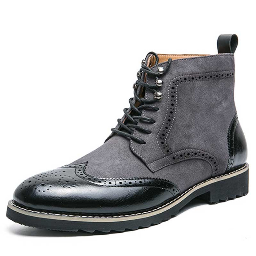 Men's black retro brogue lace up shoe boot 01