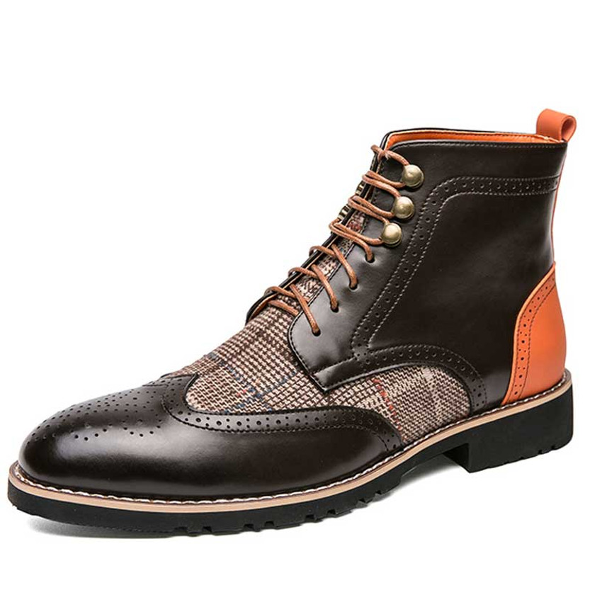 Men's brown brogue check retro lace up shoe boot 01