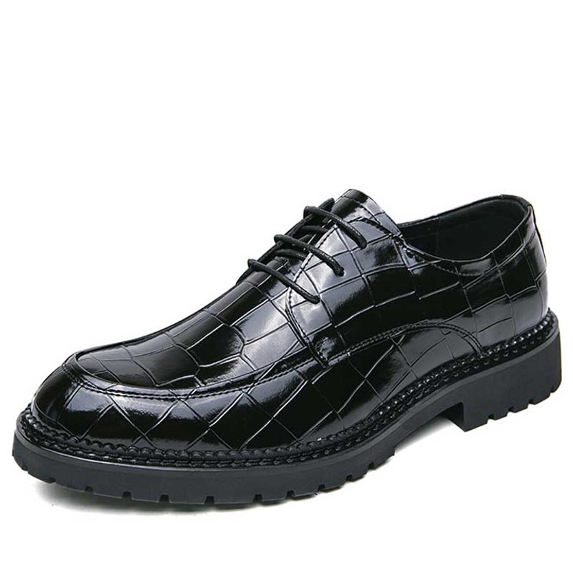 Men's black croc skin pattern retro derby dress shoe 01