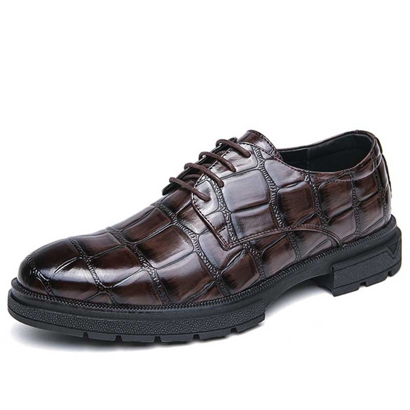 Men's khaki croc skin pattern retro derby dress shoe 01