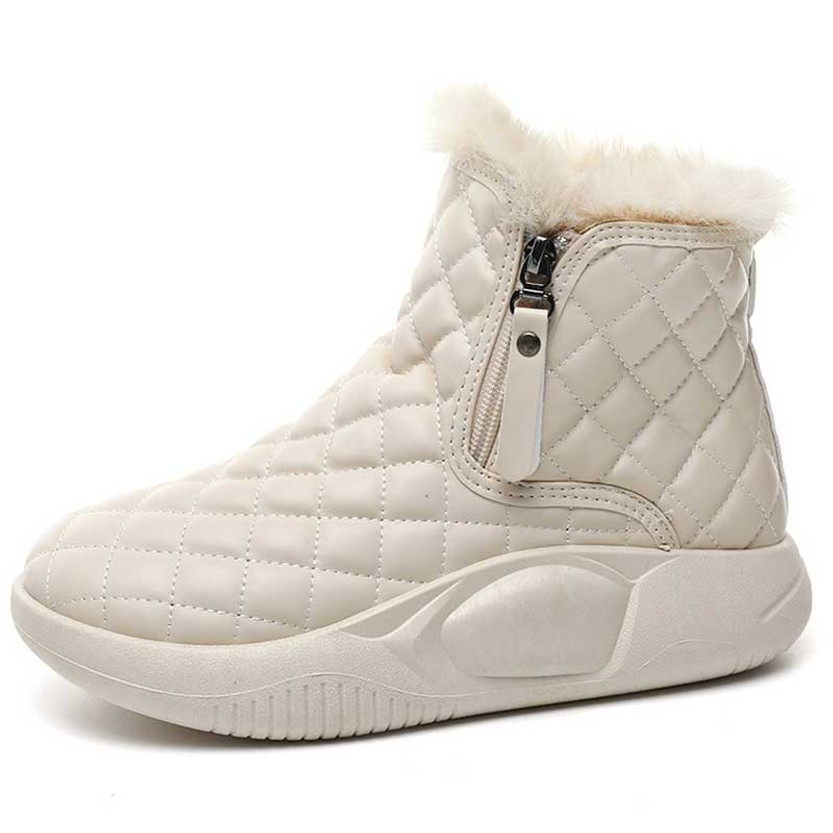 Women's white beige check pattern side zip slip on winter shoe boot 01