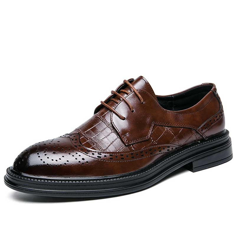 Men's brown retro brogue croc pattern derby dress shoe 01