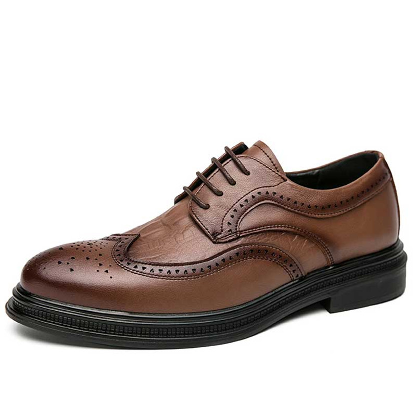 Men's brown retro brogue croc pattern derby dress shoe 01