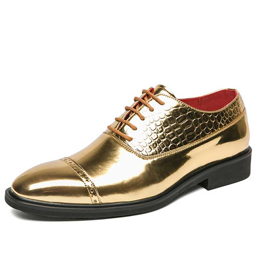 Men's golden brogue croc skin pattern cap oxford dress shoe 01