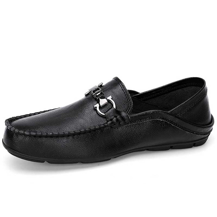 Men's black metal buckle slip on shoe loafer 01