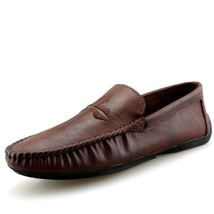 Men's brown cross pattern slip on shoe loafer 01