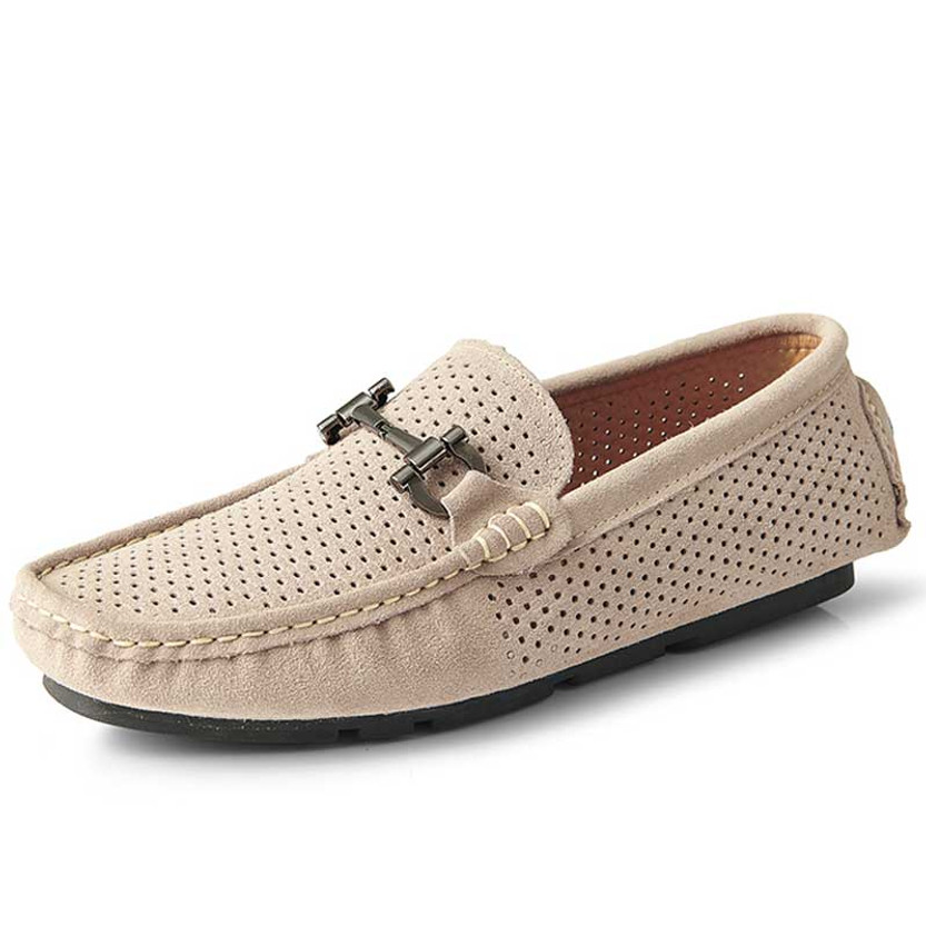 Men's khaki hollow cut top metal buckle slip on shoe loafer 01