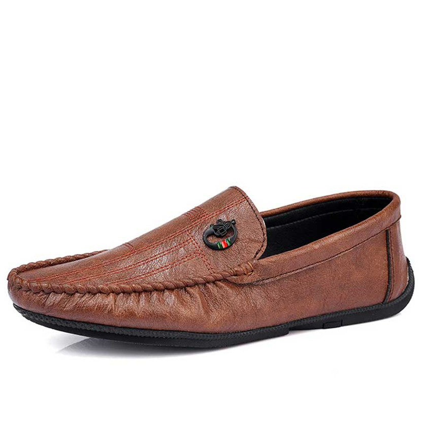 Men's brown stripe thread metal ornament slip on shoe loafer 01
