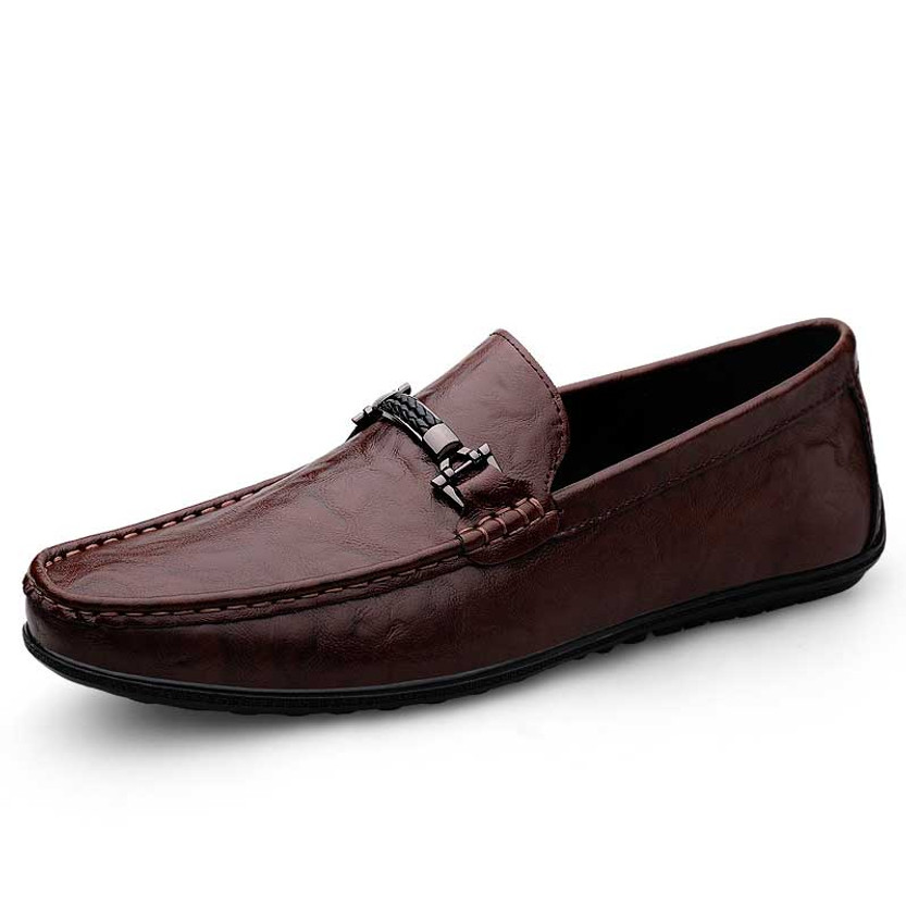 Men's brown metal buckle on top slip on shoe loafer 01