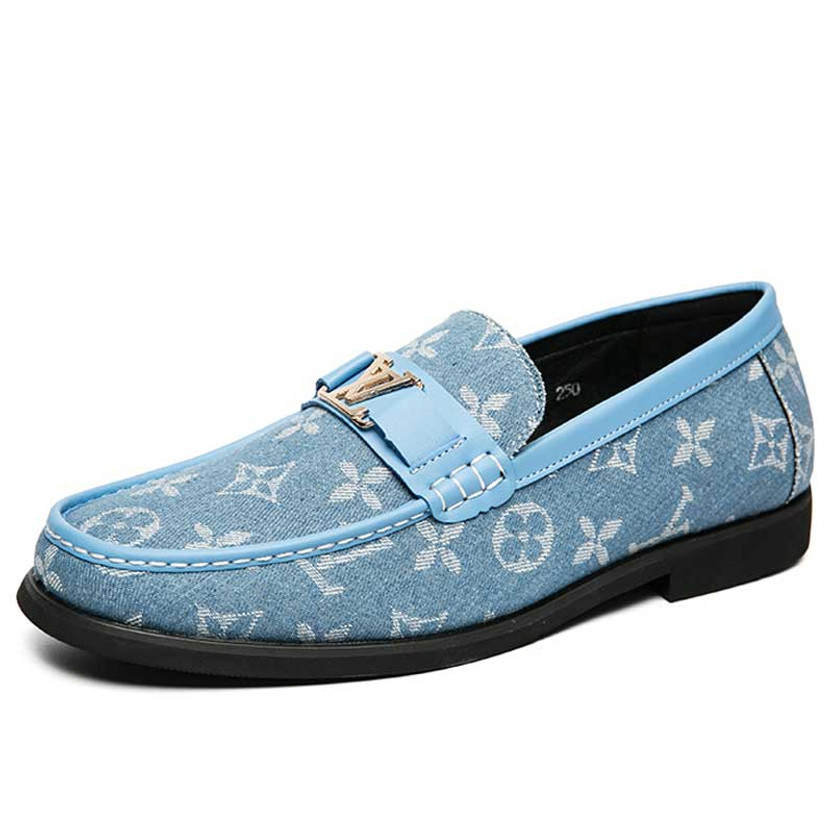 Men's blue metal buckle strap pattern slip on shoe loafer 01