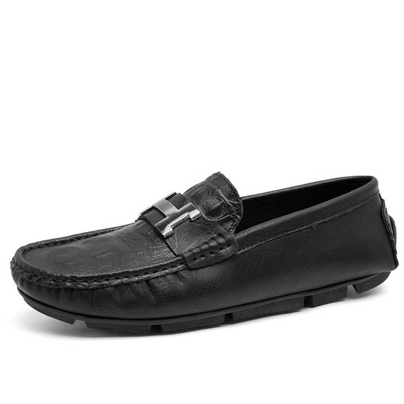 Men's black metal buckle croc skin pattern slip on shoe loafer 01