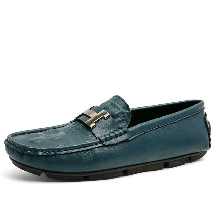 Men's blue metal buckle croc skin pattern slip on shoe loafer 01