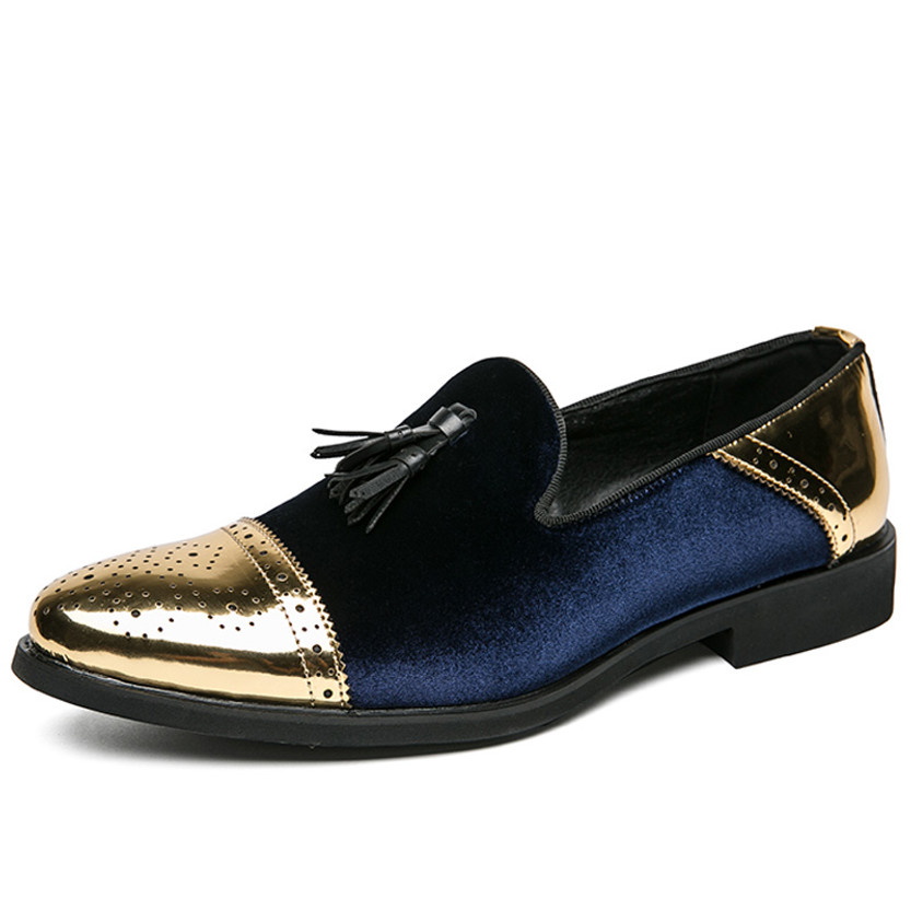 Men's blue golden brogue tassel on top slip on dress shoe 01