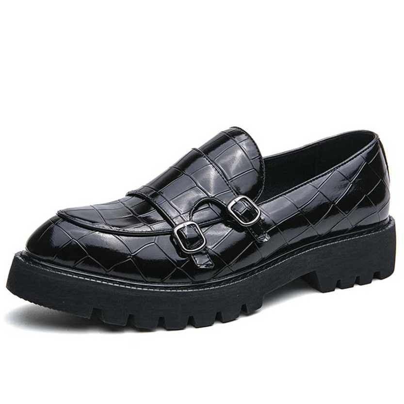 Men's black croc skin pattern monk strap slip on dress shoe 01