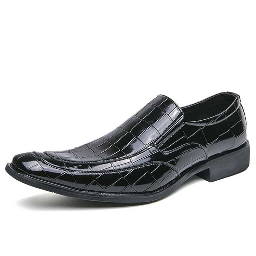 Men's black croc skin pattern point toe slip on dress shoe 01