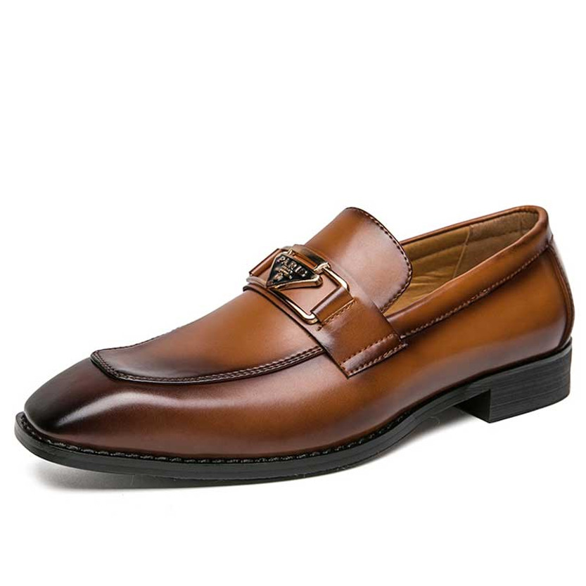 Men's brown retro metal buckle penny slip on dress shoe 01