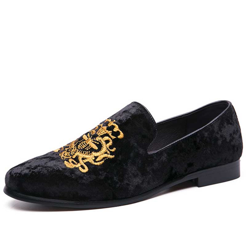 Men's black suede pattern on vamp slip on dress shoe 01